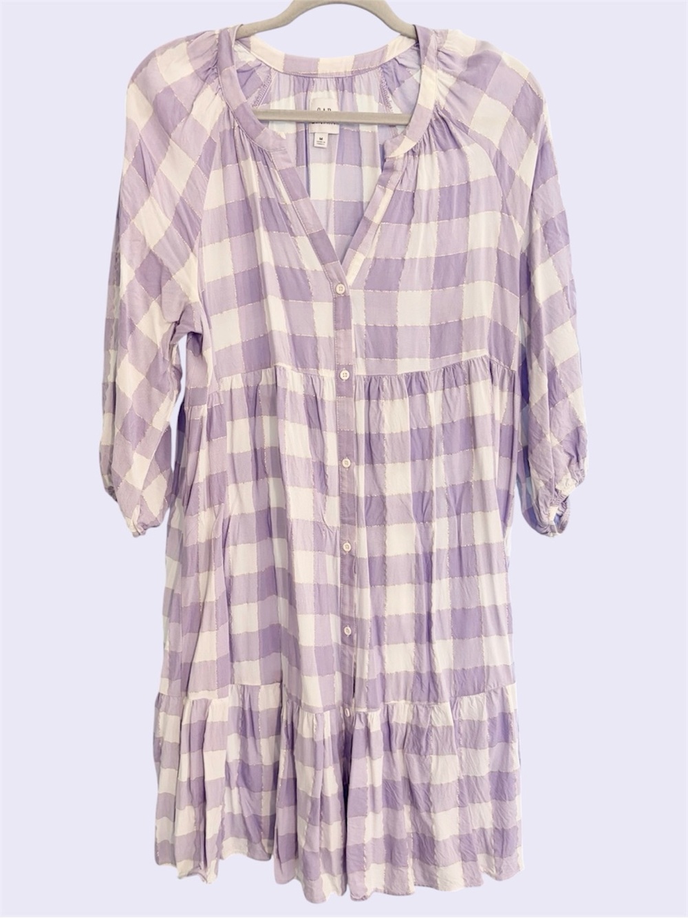 GAP Maternity Lavender & White Dress, Gingham Checked Flowy Tiered Purple Lilac